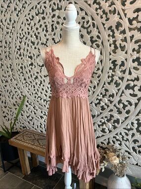 Free People Dusty Rose Lace-Trim Slip Dress